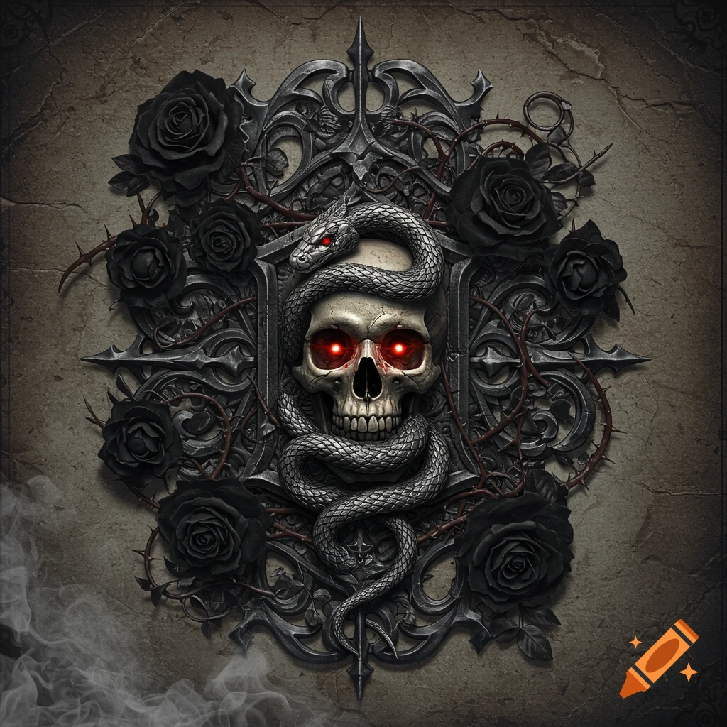 A gothic emblem features a skull with glowing red eyes entwined by a snake, surrounded by black roses and thorny vines on a dark, textured background.