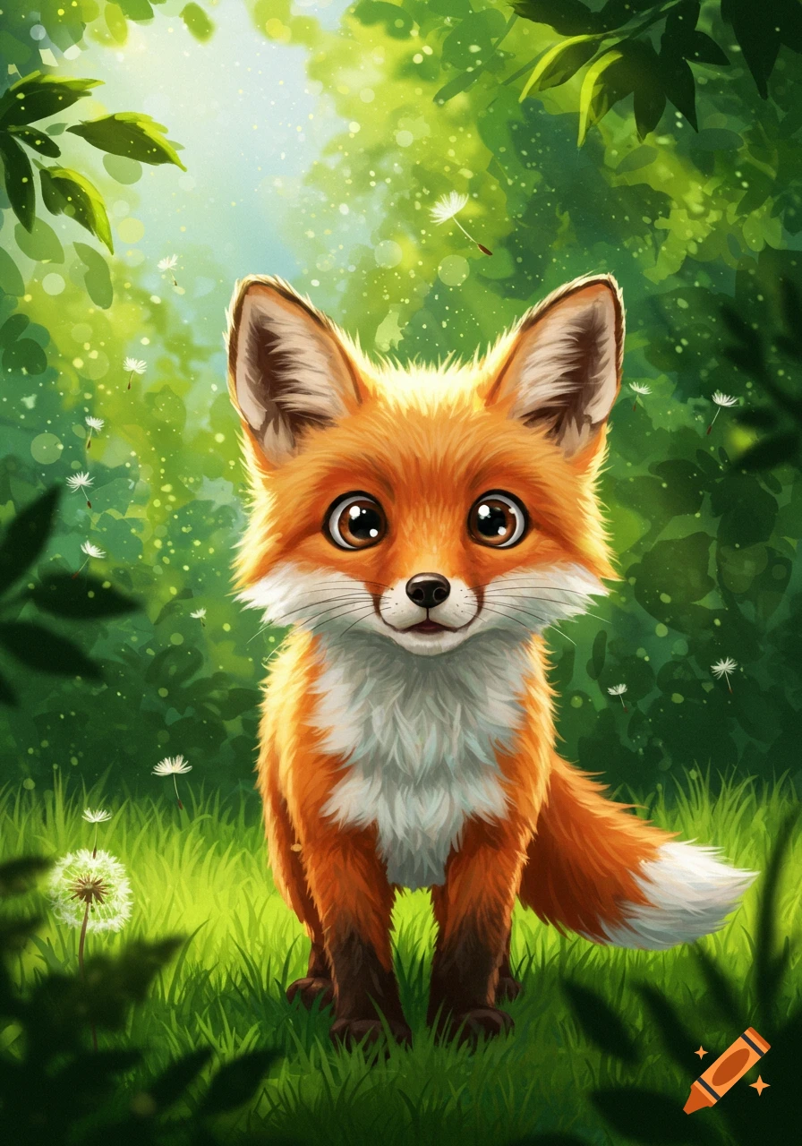 A cute, wide-eyed cartoon fox stands in a lush green forest with dandelions and sparkling light.