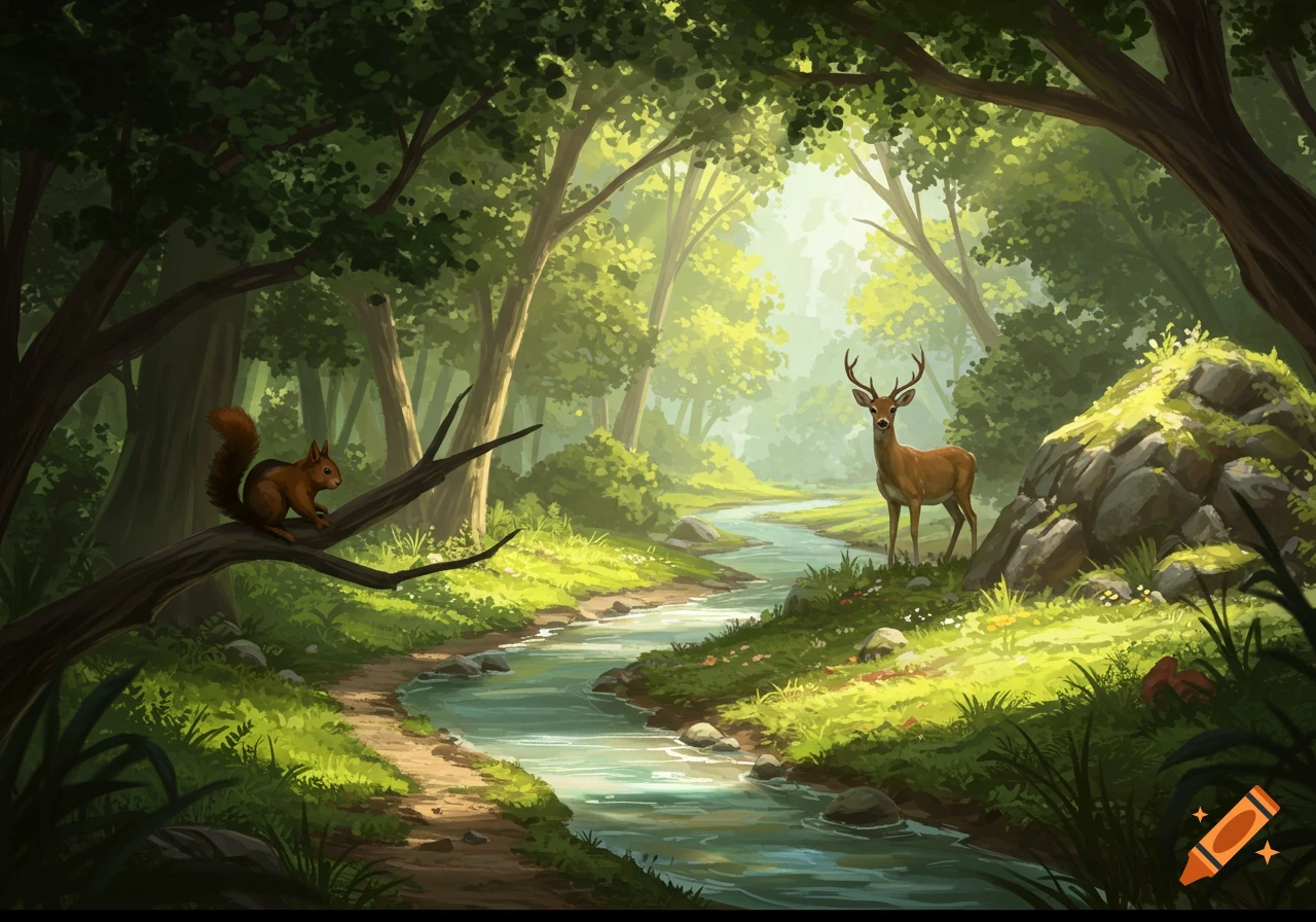 A lush green forest scene with a winding stream, a dirt path, a deer standing by rocks, and a squirrel on a tree branch.