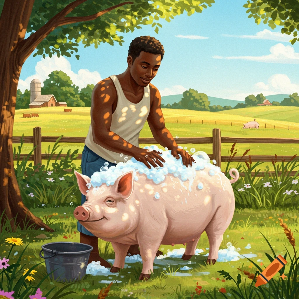 A smiling Black man in a tank top washes a pink pig with suds in a grassy farm field under a tree, with a barn and other pigs in the background, in an illustrated style.