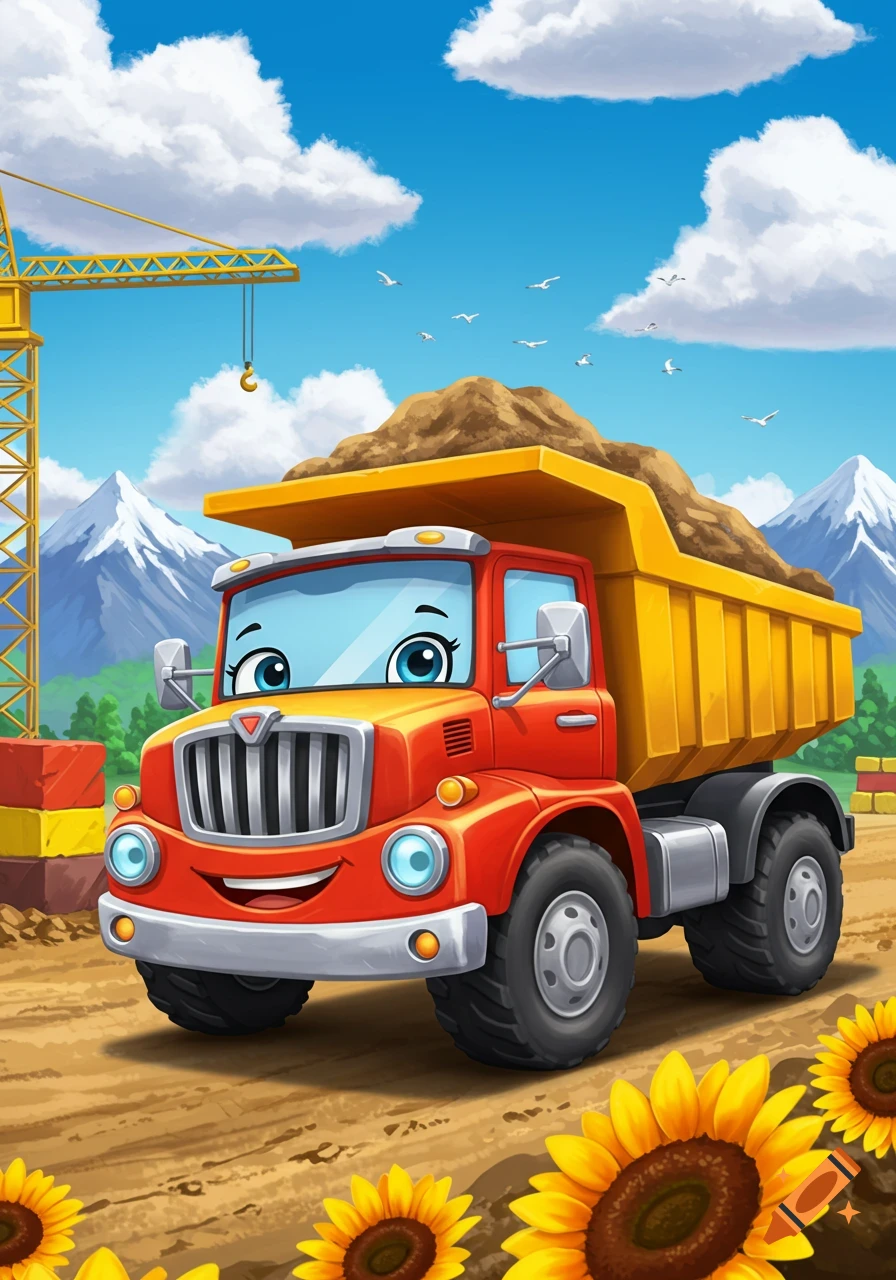 Cartoon red dump truck with a smiling face on a dirt road, with a crane, mountains, and sunflowers in the background.