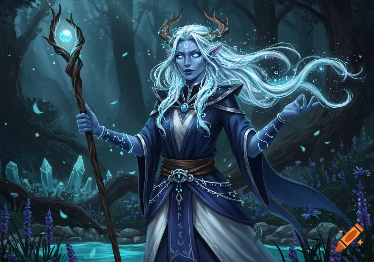 A blue-skinned, white-haired elf-like figure with antlers and glowing eyes, wearing a dark blue robe, holds a staff in a mystical forest.