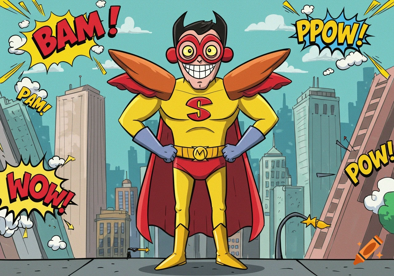 A cartoon superhero in a yellow and red suit and red cape stands in a city, surrounded by comic book sound effects.