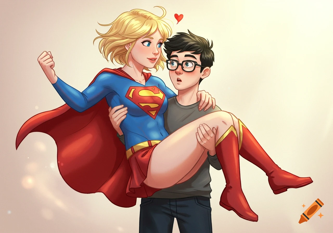 A cartoon illustration of Supergirl, with blonde hair and blue suit, carrying a shorter boy with glasses bridal-style, on a light background.