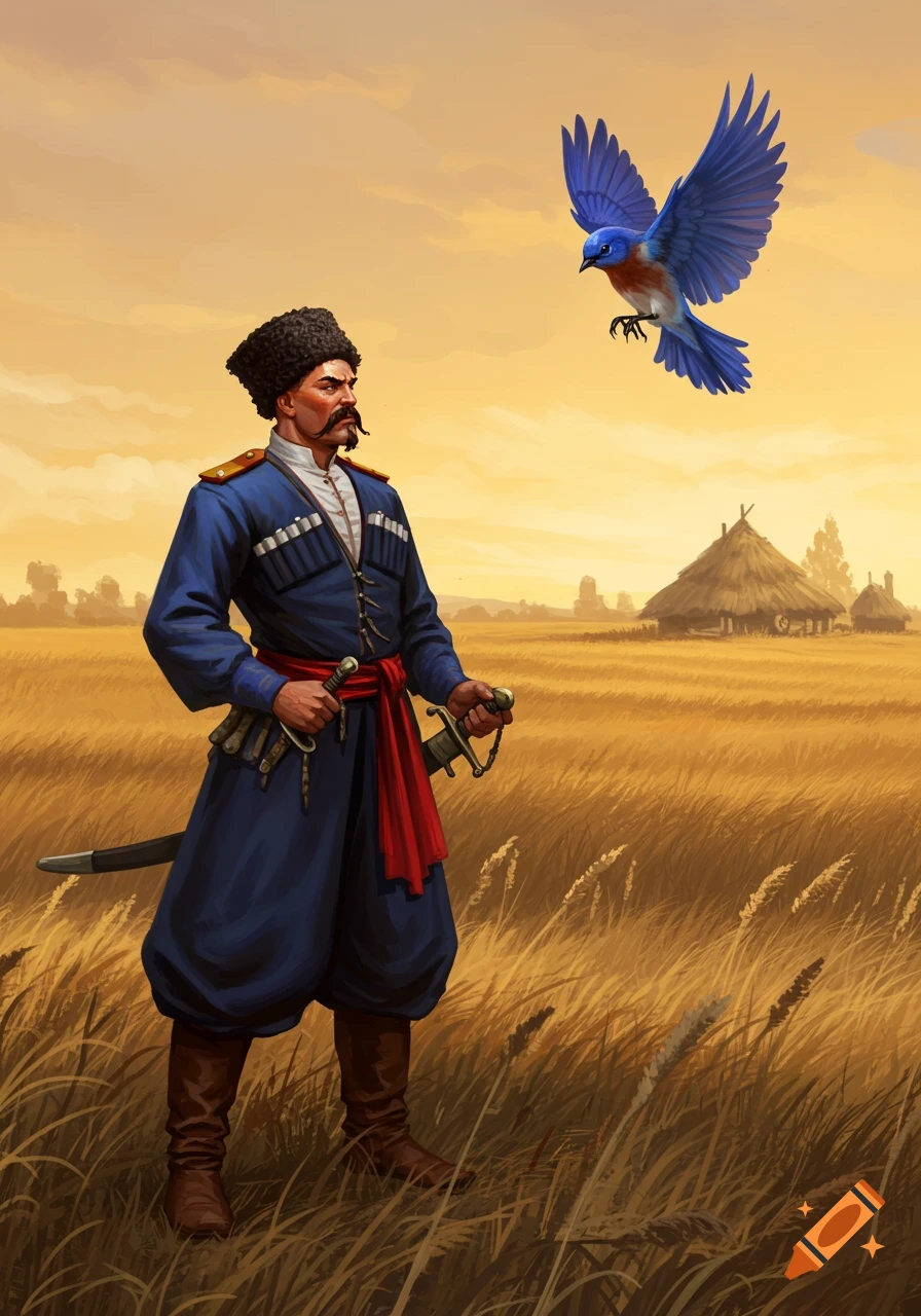 A Cossack man in blue attire and fur hat stands in a golden wheat field, holding a sword, with a bluebird flying overhead. Painterly.