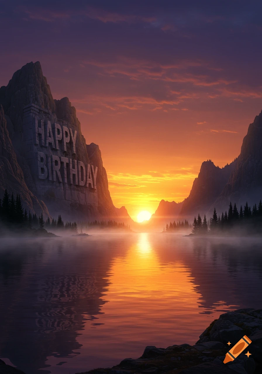 Vibrant sunset over a misty lake framed by mountains. 'HAPPY BIRTHDAY' carved into the left mountain, with golden light reflecting on the water.