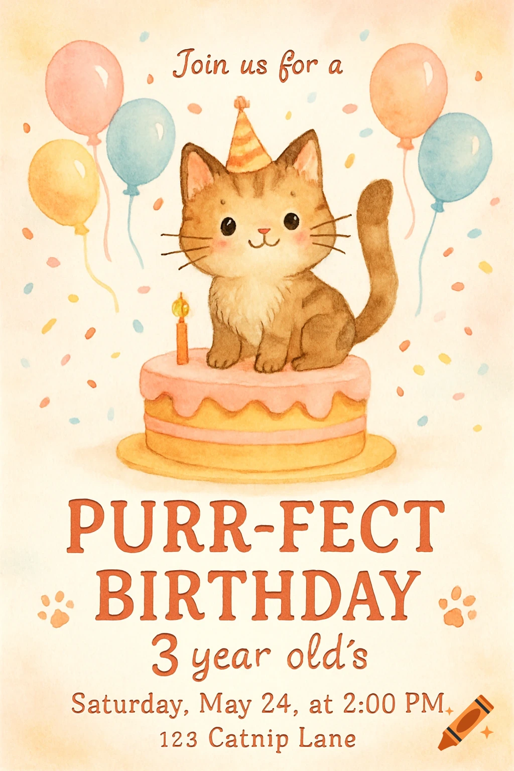 Watercolor birthday invitation featuring a cute tabby cat in a party hat sitting on a cake, with balloons and confetti.