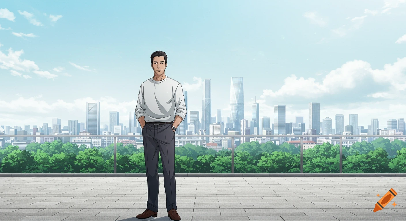 A man stands on a rooftop patio overlooking a modern cityscape under a blue sky, in semi-realistic anime style.