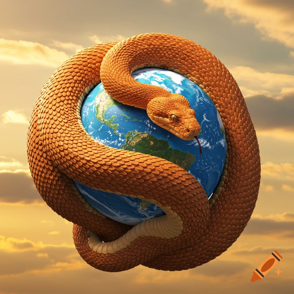 A large, textured orange snake is coiled tightly around the Earth, with its head and tongue visible. The background is a cloudy, golden sky.