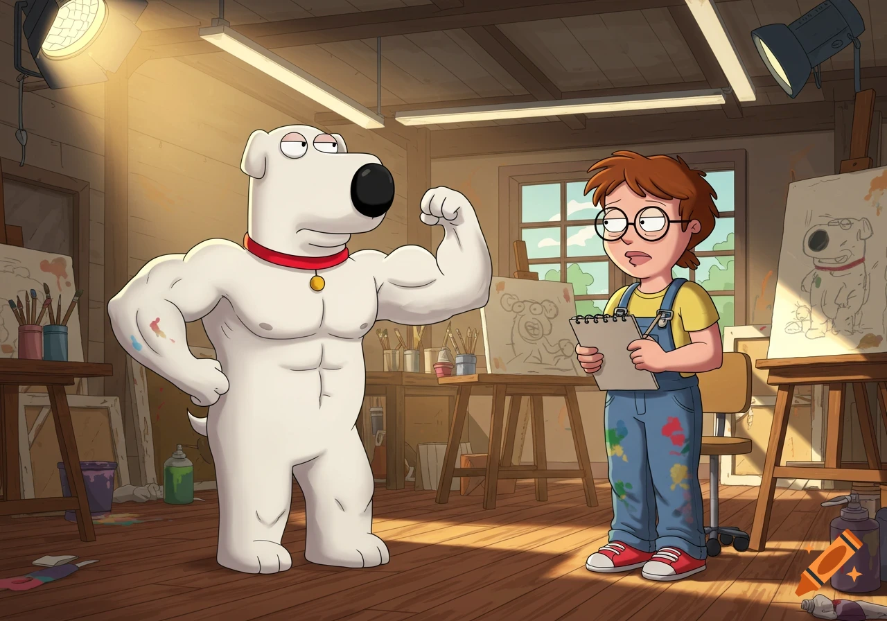 Brian the Family Guy dog flexes his muscles for a college art student holding a sketchbook in an art studio.