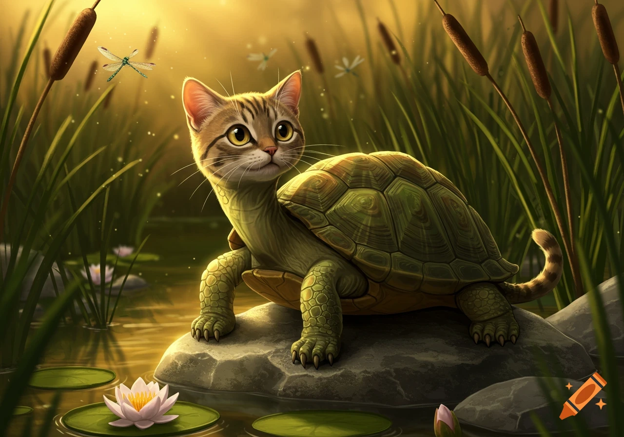 A cute cat's head on a turtle's body sits on a rock in a golden-lit pond with lily pads, cattails, and dragonflies.