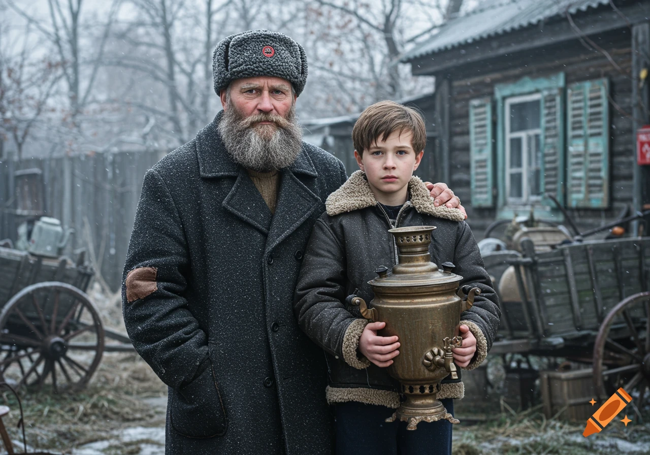 A bearded older man and a young boy stand outdoors in a snowy, rural Russian setting. The boy holds a brass samovar.