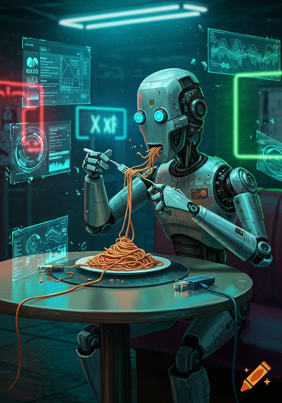 A grey robot with glowing blue eyes sits at a table, attempting to eat spaghetti with a fork. Floating holographic screens display data in a neon-lit, futuristic setting.