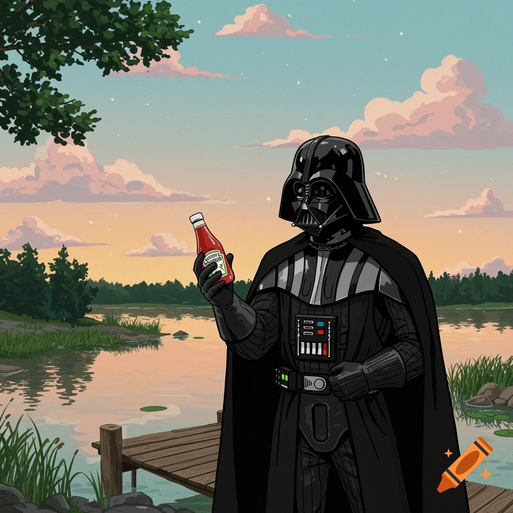 Darth Vader holding a ketchup bottle on a wooden pier by a lake at sunset, in an illustrative style.