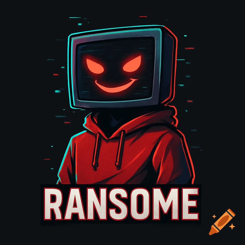 A stylized character with a television head, glowing red eyes, and a mischievous smile, wearing a red hoodie. The word "RANSOME" is below the character. The background is dark with subtle digital glitch elements.