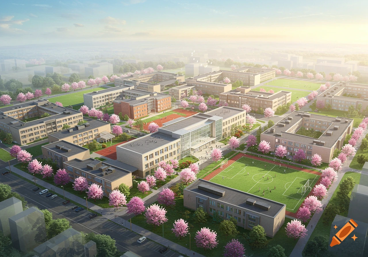 Photorealistic aerial view of a large school campus with multiple buildings, sports fields, and pink cherry blossom trees.
