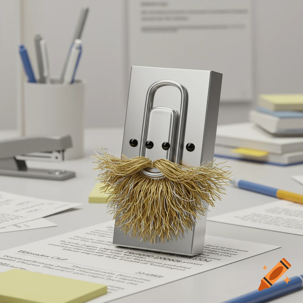 Photorealistic 3D render of a metallic paperclip with a large blonde beard standing on an office desk among papers and pens.