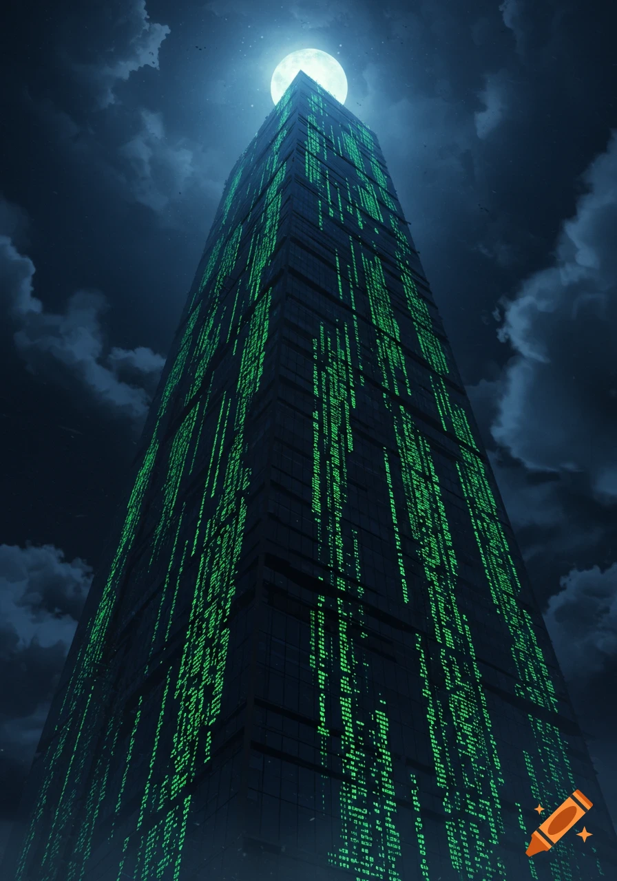 A towering, dark skyscraper at night, illuminated by green, cascading computer code, with a bright full moon directly above.