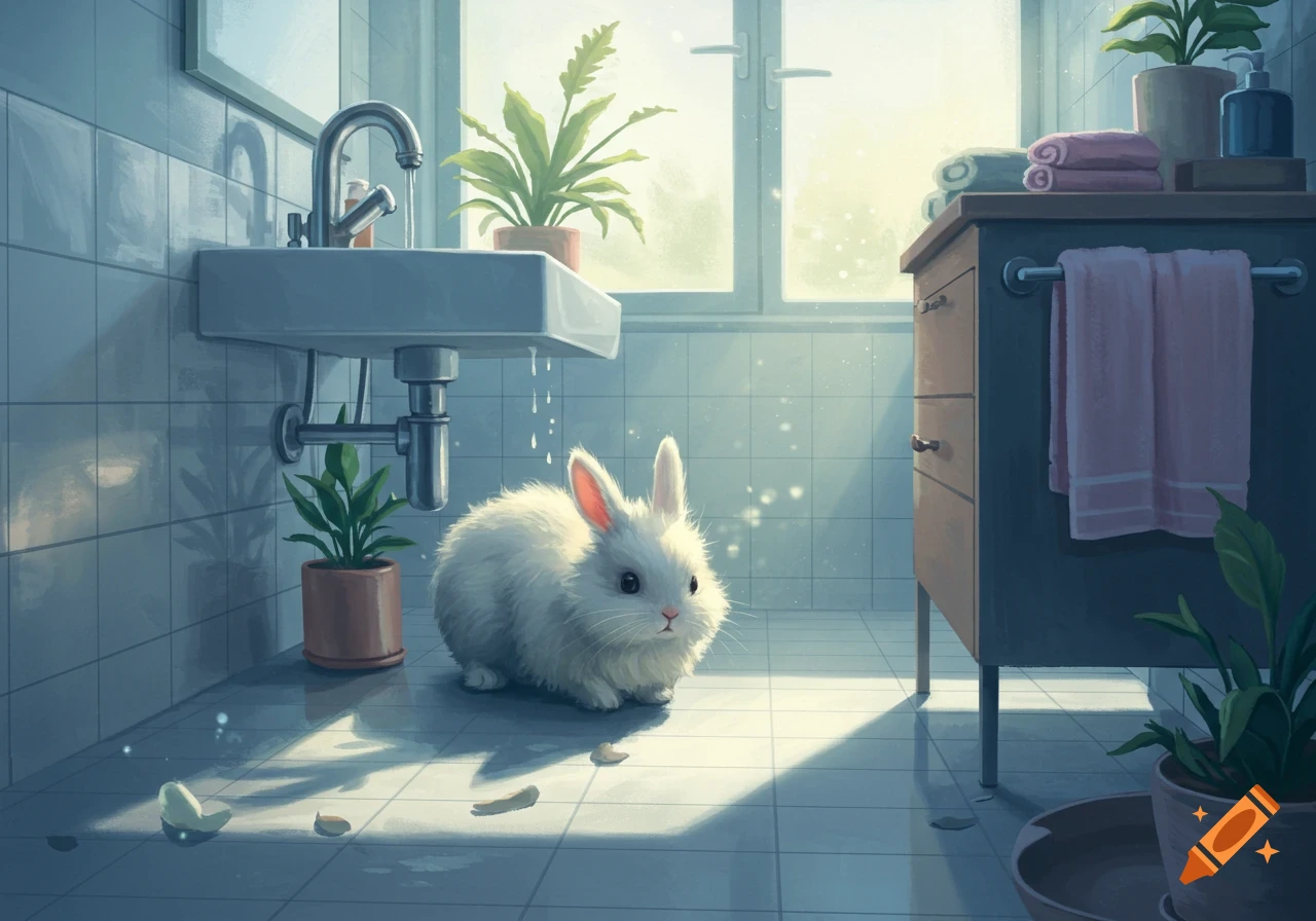 A cute white bunny sits on the tiled floor of a bright, light blue bathroom with a sink, cabinet, and plants.