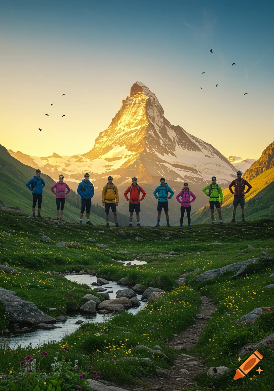 A group of hikers in colorful gear stands on a grassy hill overlooking a stream, with the Matterhorn at sunset.