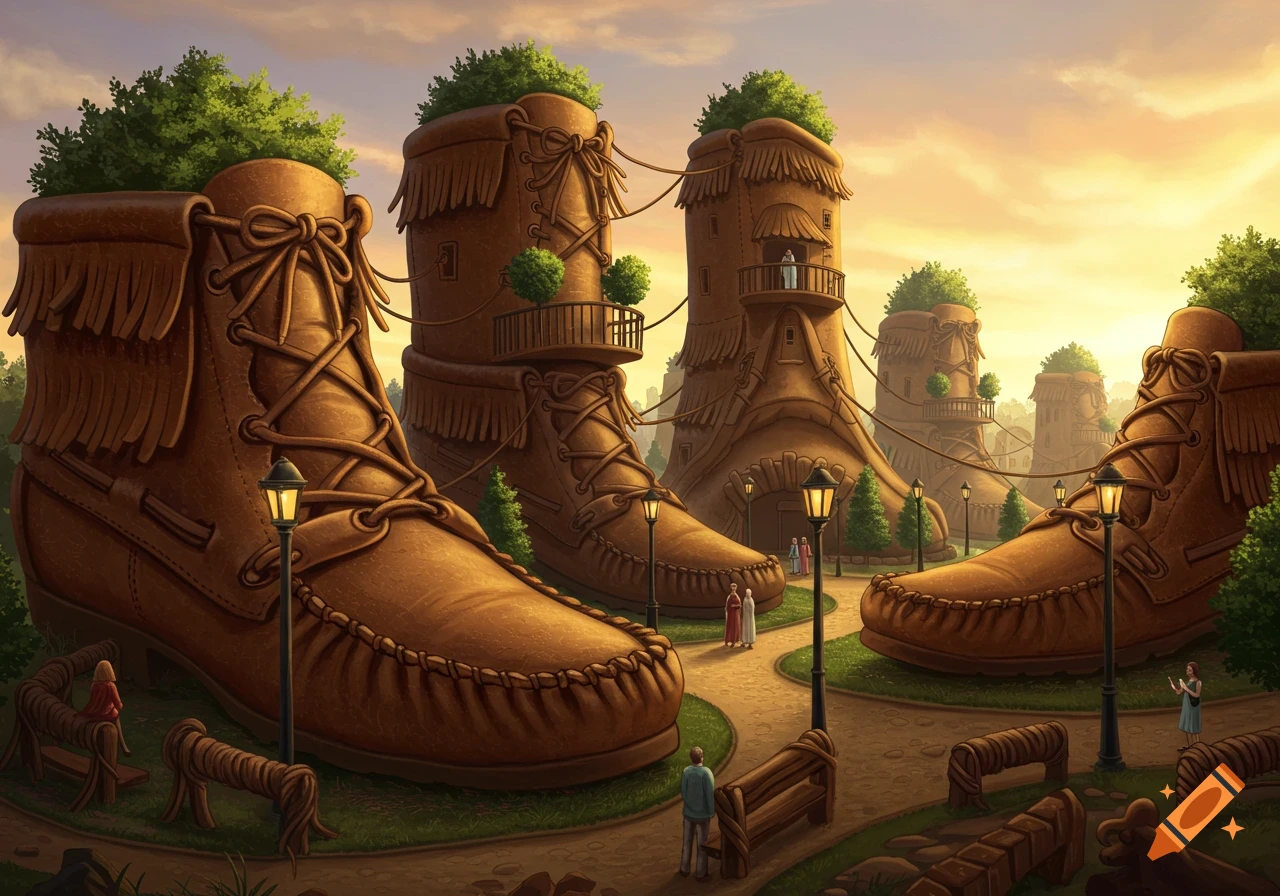 A whimsical fantasy landscape featuring a village of giant brown moccasin-shaped buildings with green trees on top, under a warm sunset sky.