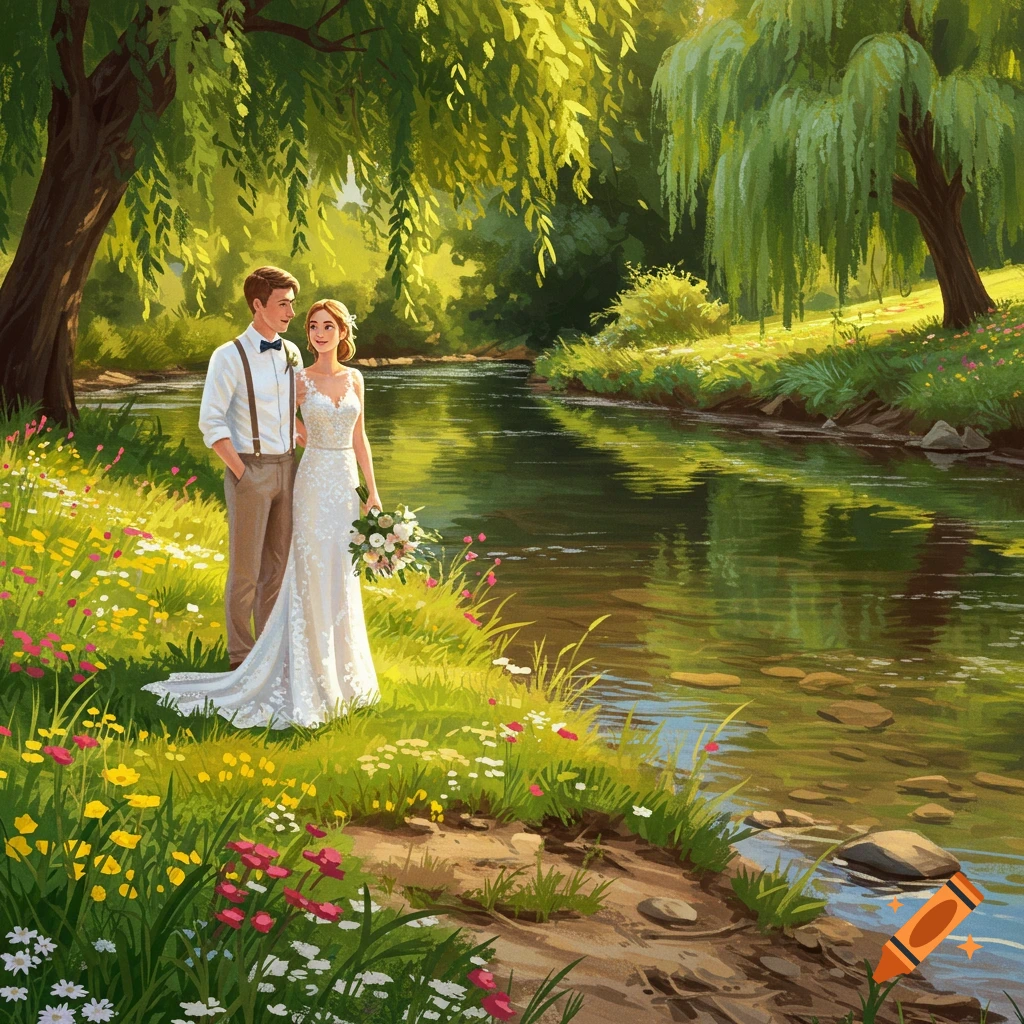 A bride and groom stand on the grassy bank of a river in a sun-dappled forest, an illustration.