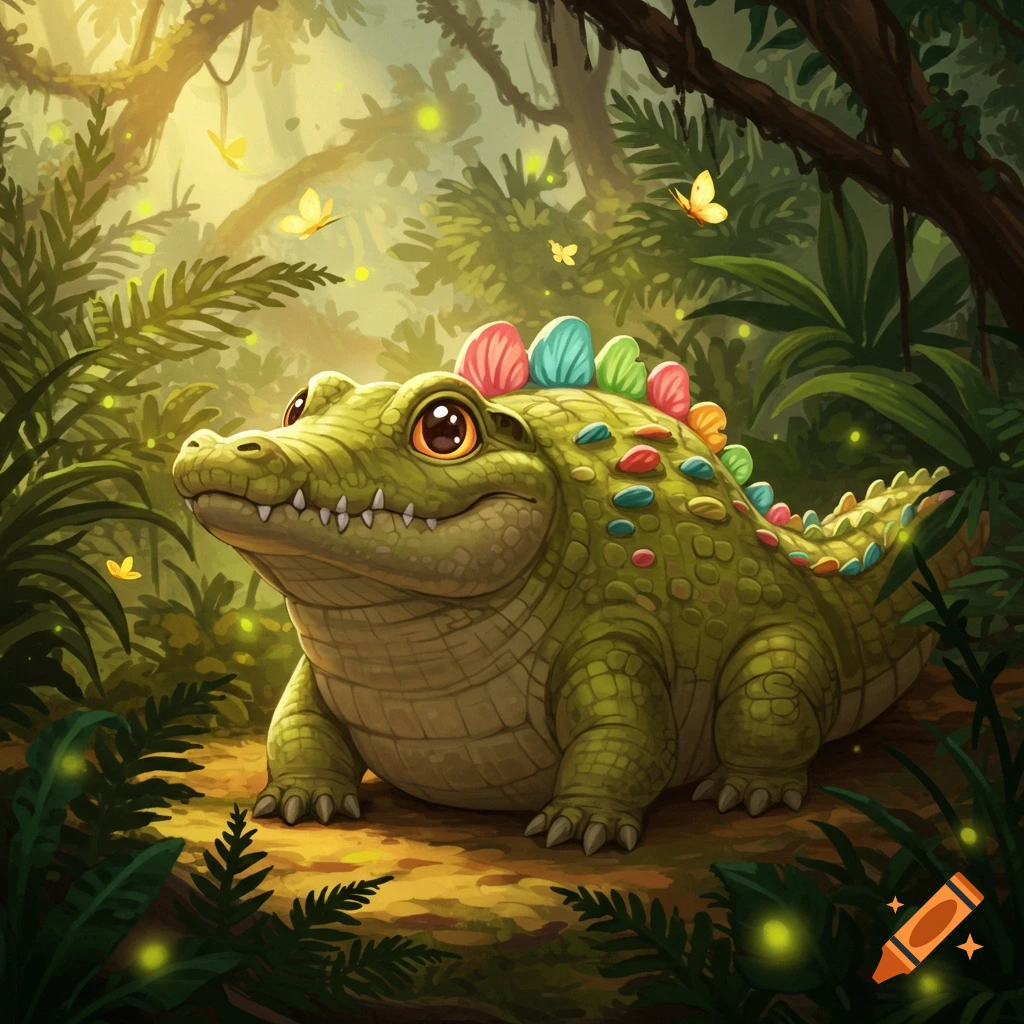 A cute green crocodile and dinosaur hybrid with colorful spines sits in a lush, magical jungle with glowing fireflies and butterflies, in a cartoon style.