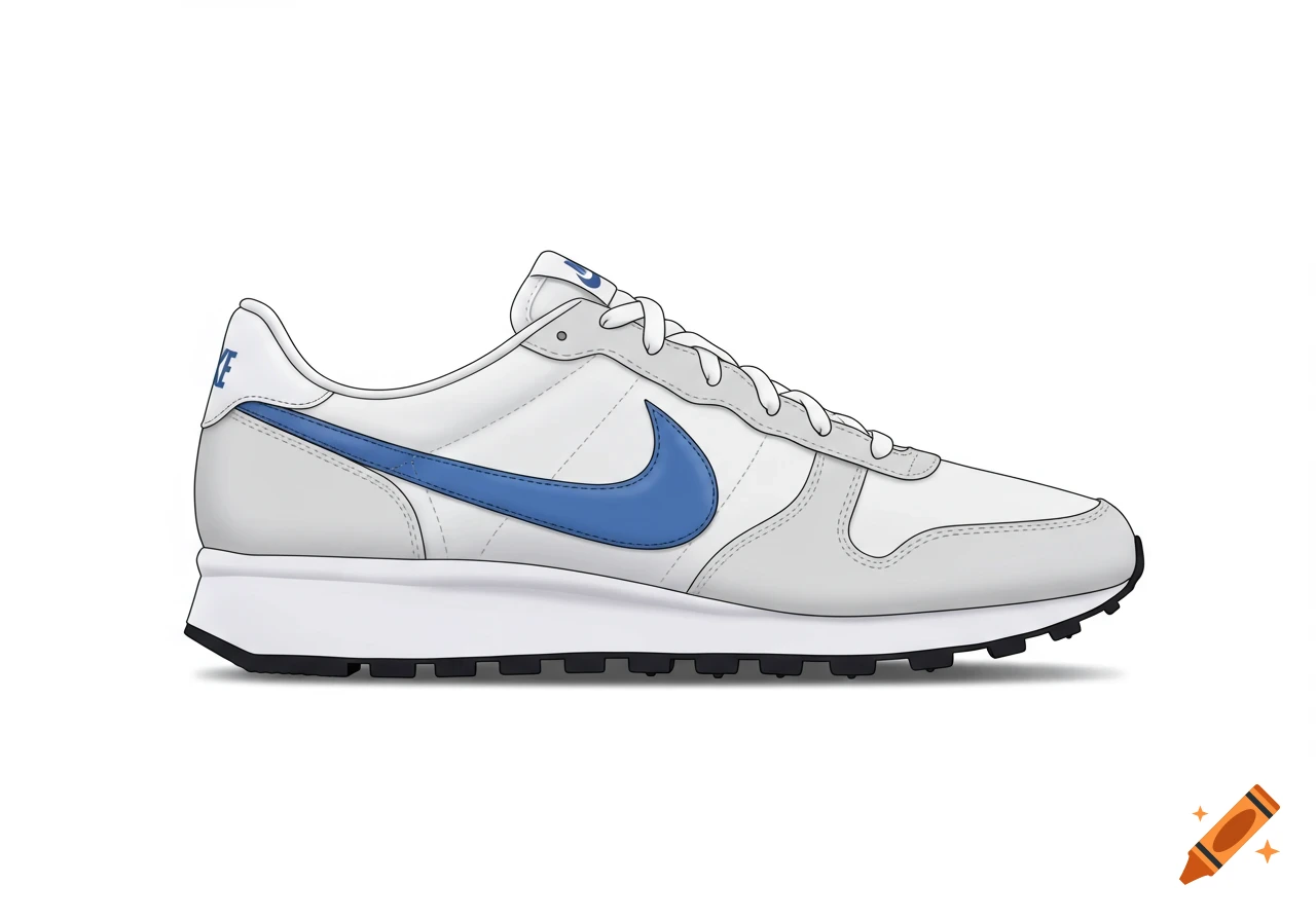 White sneaker with blue Nike swoosh and a blue heel tab with the word 'NIE' visible, shown in a side view illustration.