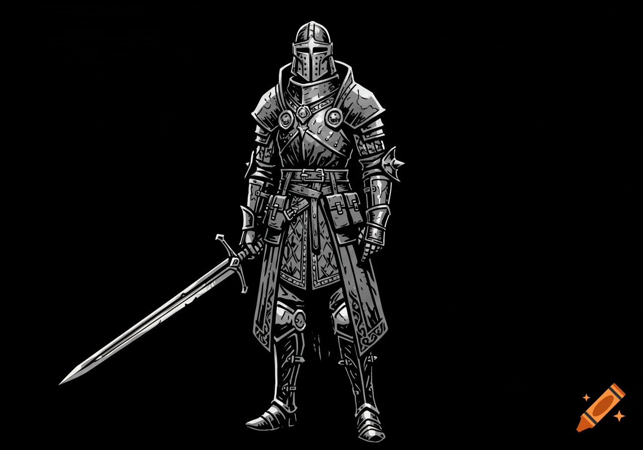 A black and white full-body illustration of an armored knight holding a sword, in the distinct style of Darkest Dungeon.