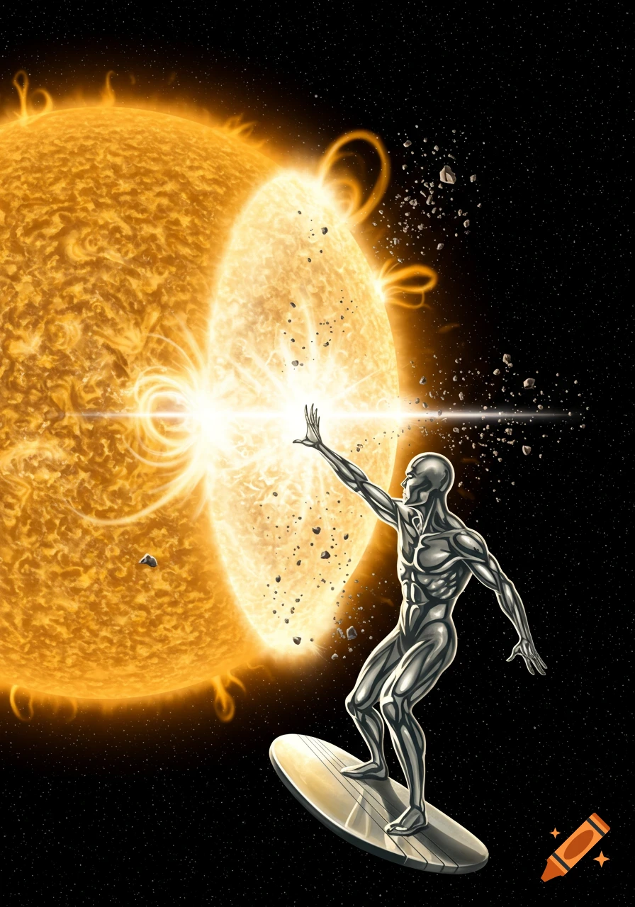 A silver superhero on a surfboard in deep space, creating a radiant energy shield to block a sun.