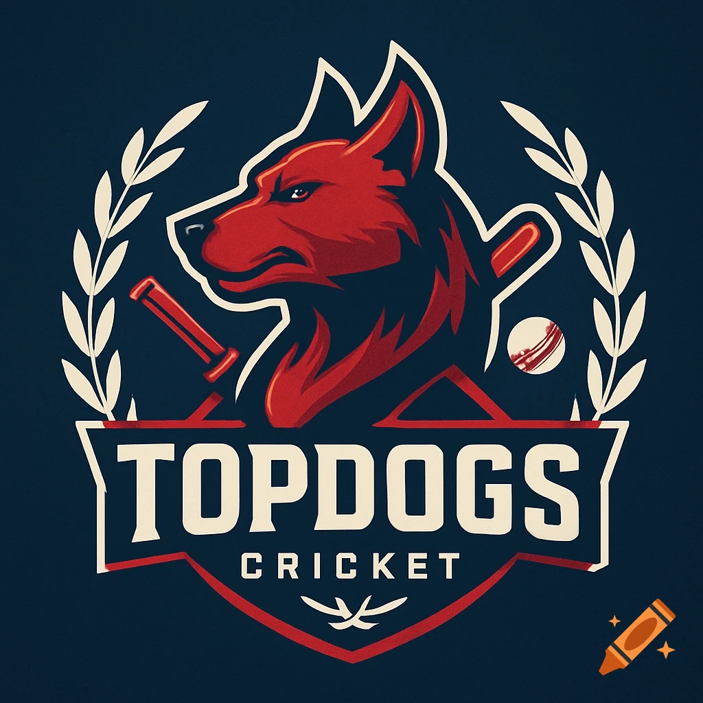 A red and black stylized dog head logo with a cricket bat, ball, and laurel branches. Text reads 'TOPDOGS CRICKET'.