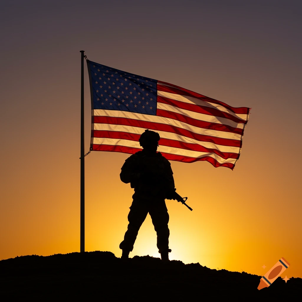 Silhouette of a modern US soldier standing in front of a large American flag at sunset.