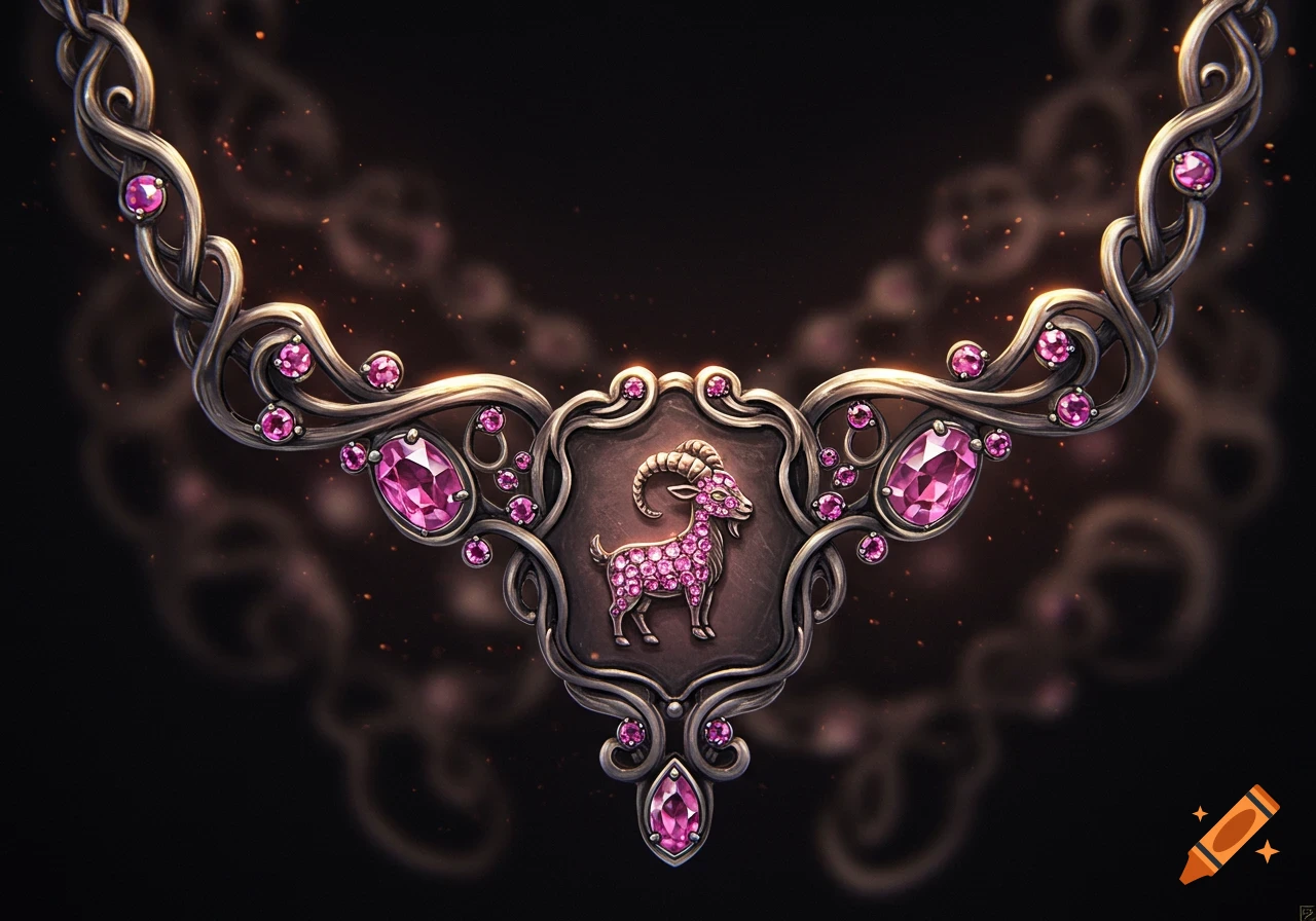 An intricate silver necklace with pink gemstones and a central pink bejeweled goat pendant on a dark background.