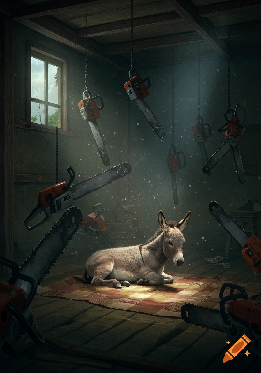 A photorealistic image of a donkey lying on a blanket in a dim, dusty wooden room filled with hanging chainsaws.