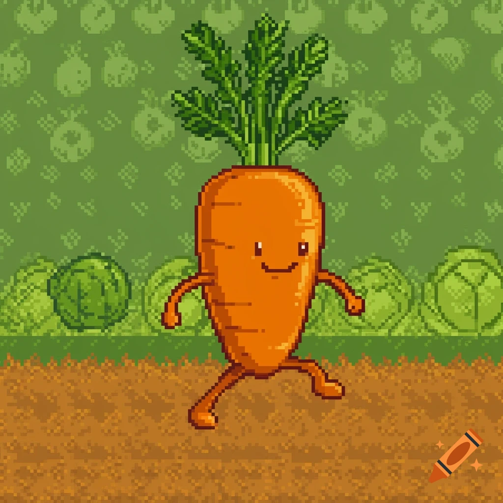 A cute pixel art carrot with legs walks through a field of cabbage.