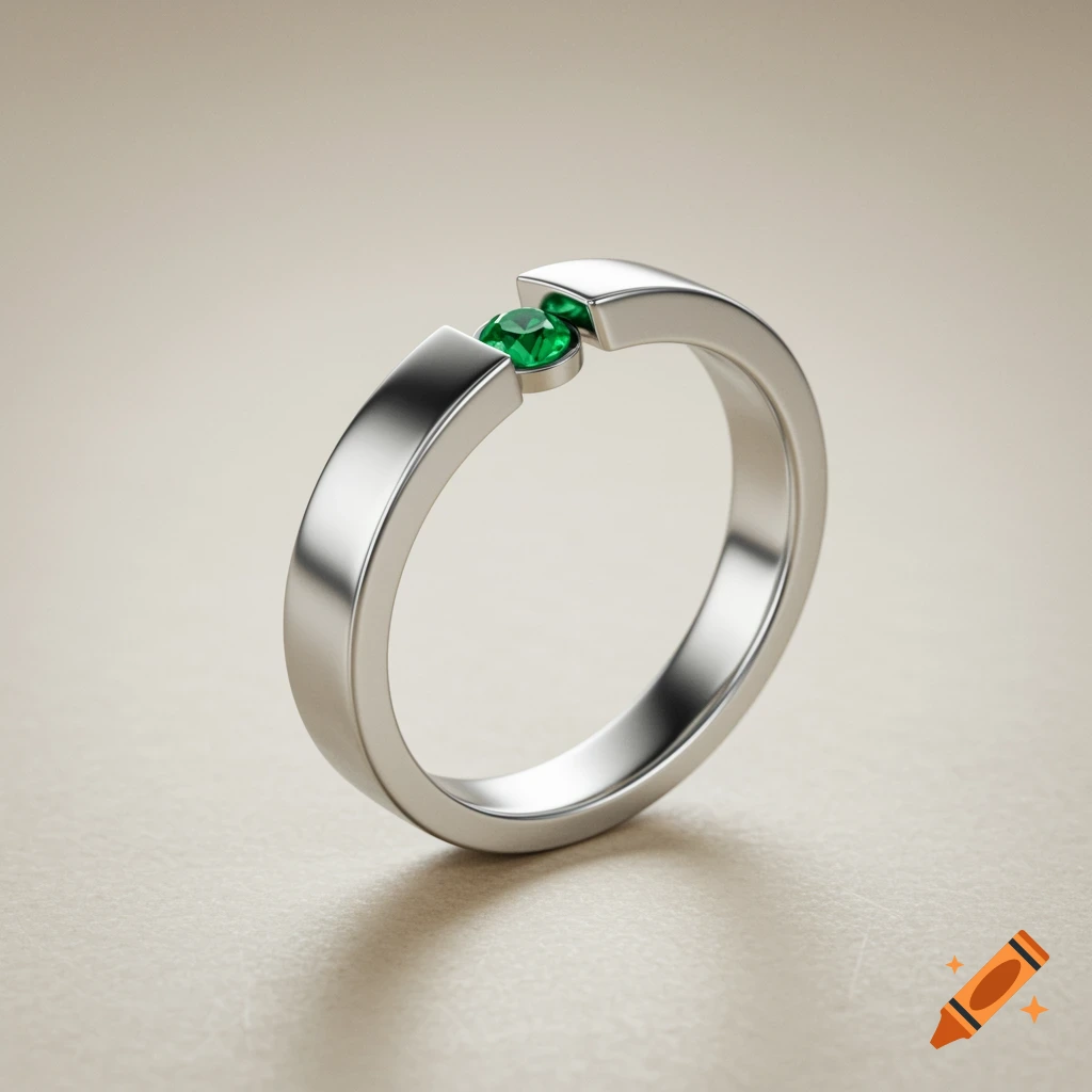 A close-up, photorealistic image of a sleek platinum ring with a small, green emerald set into the inside of the band.