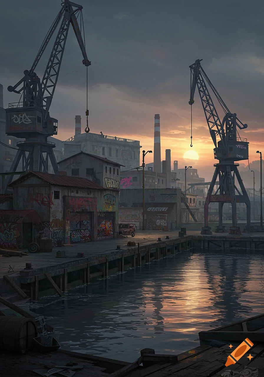 A sunset over a gritty industrial port with two large cranes, dilapidated buildings covered in graffiti, and a wooden pier alongside the water.