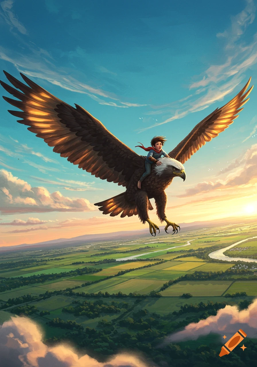 A boy rides a large eagle through a sunny sky above a vast green landscape.