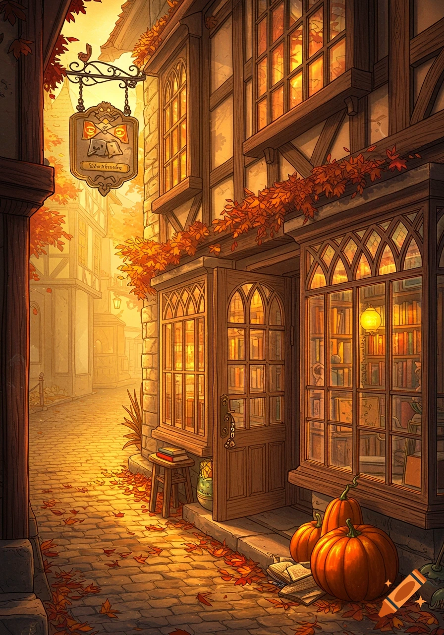 A whimsical illustrated bookstore front in autumn with warm light, fall leaves, and pumpkins.