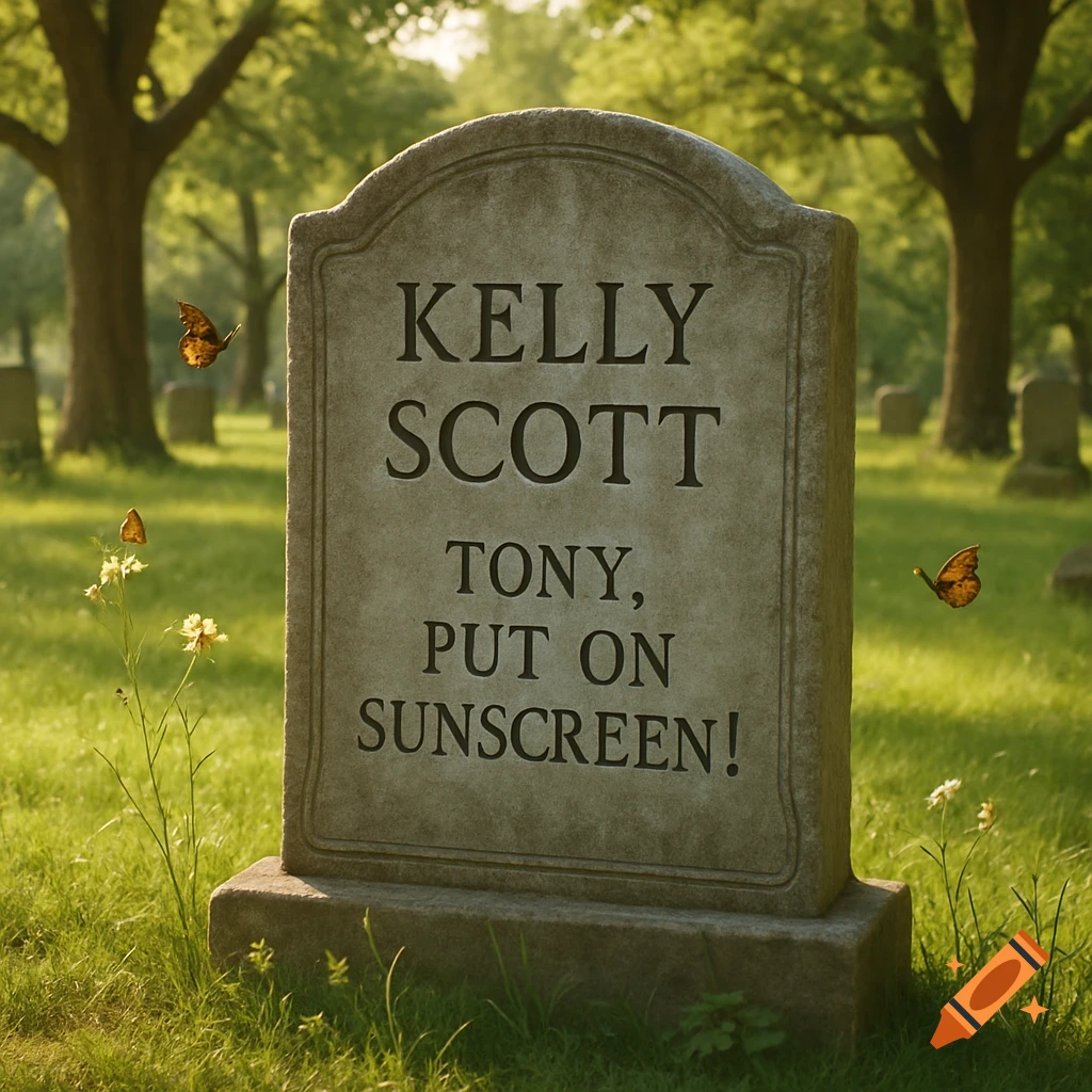 A photorealistic image of a weathered grey tombstone in a sunny graveyard, inscribed with 'KELLY SCOTT' and 'TONY, PUT ON SUNSCREEN!'. Butterflies fly around.