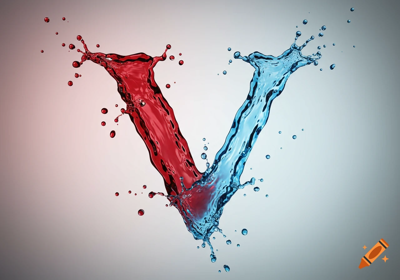 A vibrant splash of red liquid forms the left half of the letter V, while a dynamic splash of blue liquid forms the right half, set against a soft gradient background.