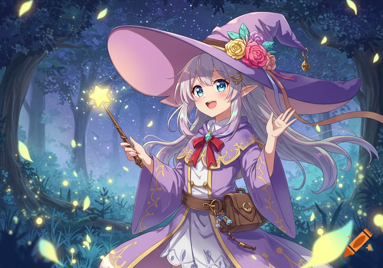 A cute anime witch girl in a purple robe and wide hat holds a glowing star wand in an enchanted forest with fireflies.