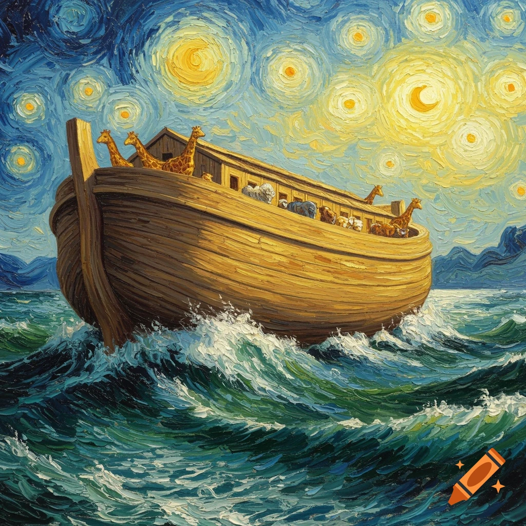 Noah's Ark on choppy water with giraffes and other animals, in a starry night Van Gogh painting style.