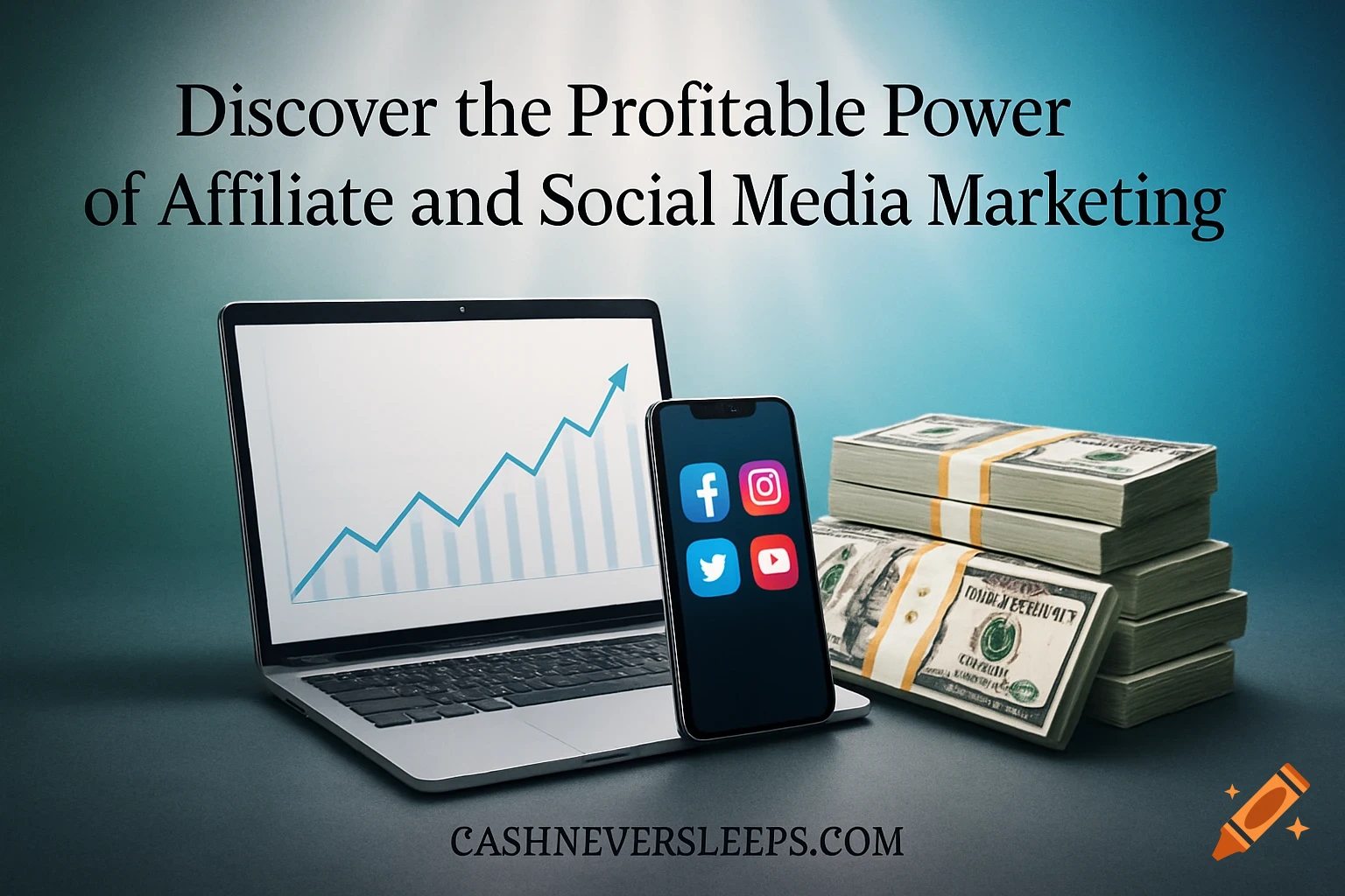 A laptop, smartphone with social media icons, and stacks of cash on a dark surface, with text about affiliate and social media marketing.