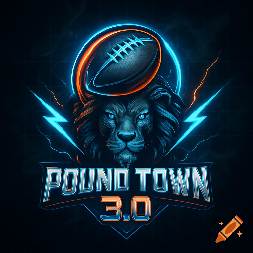 A neon-style football team logo with a fierce lion's head, glowing football, lightning bolts, and the text 'POUND TOWN 3.0'.