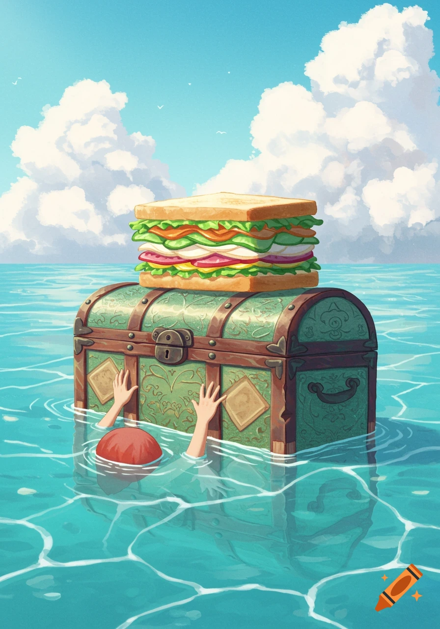A giant sandwich rests on a treasure chest floating in the clear blue ocean, with a person's hands reaching out of the water.