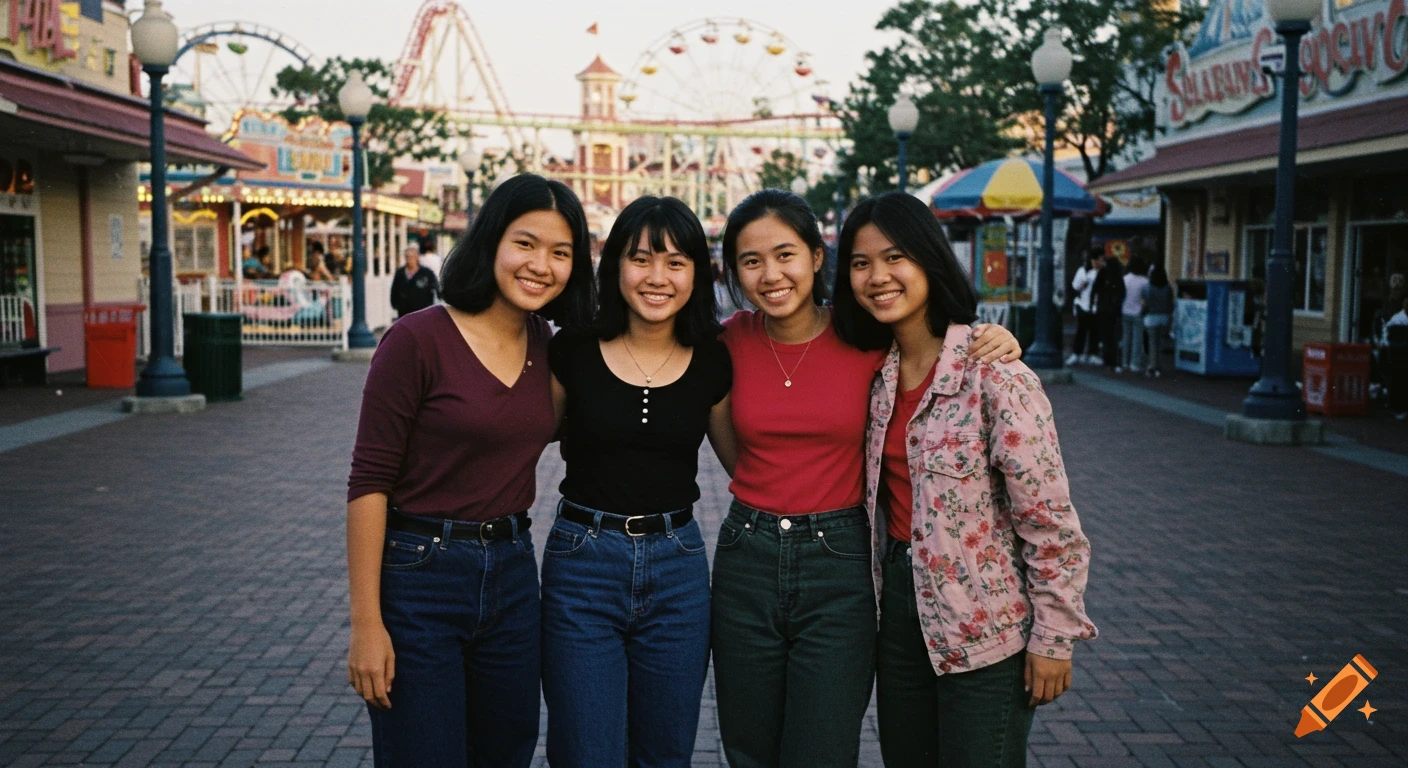 Four smiling young Asian women pose arm-in-arm at an amusement park with rides and colorful buildings in the background, in a retro 90s photorealistic style.