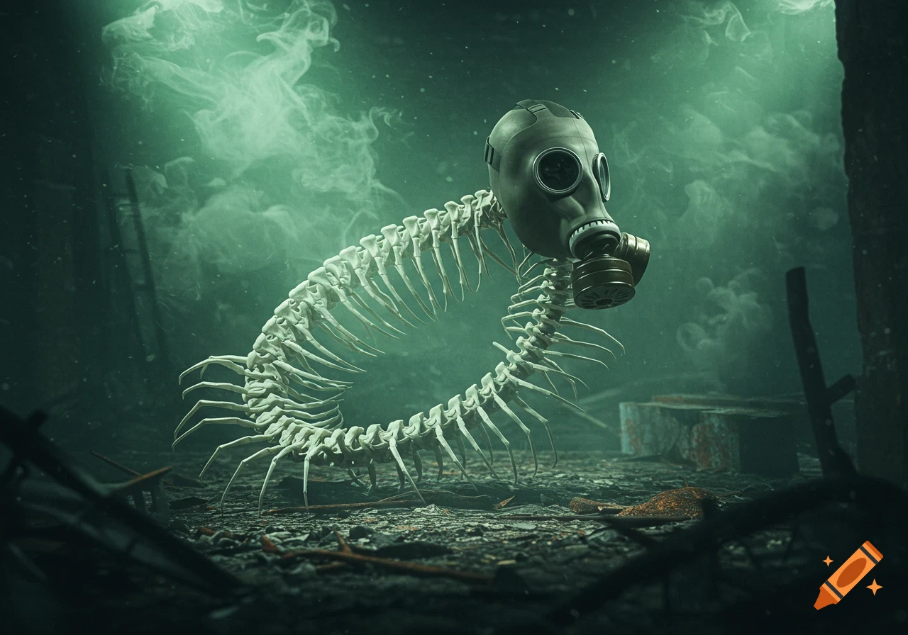 An eerie centipede-like skeleton creature with a gas mask for a head stands on debris in a smoky, green-lit, dark environment.