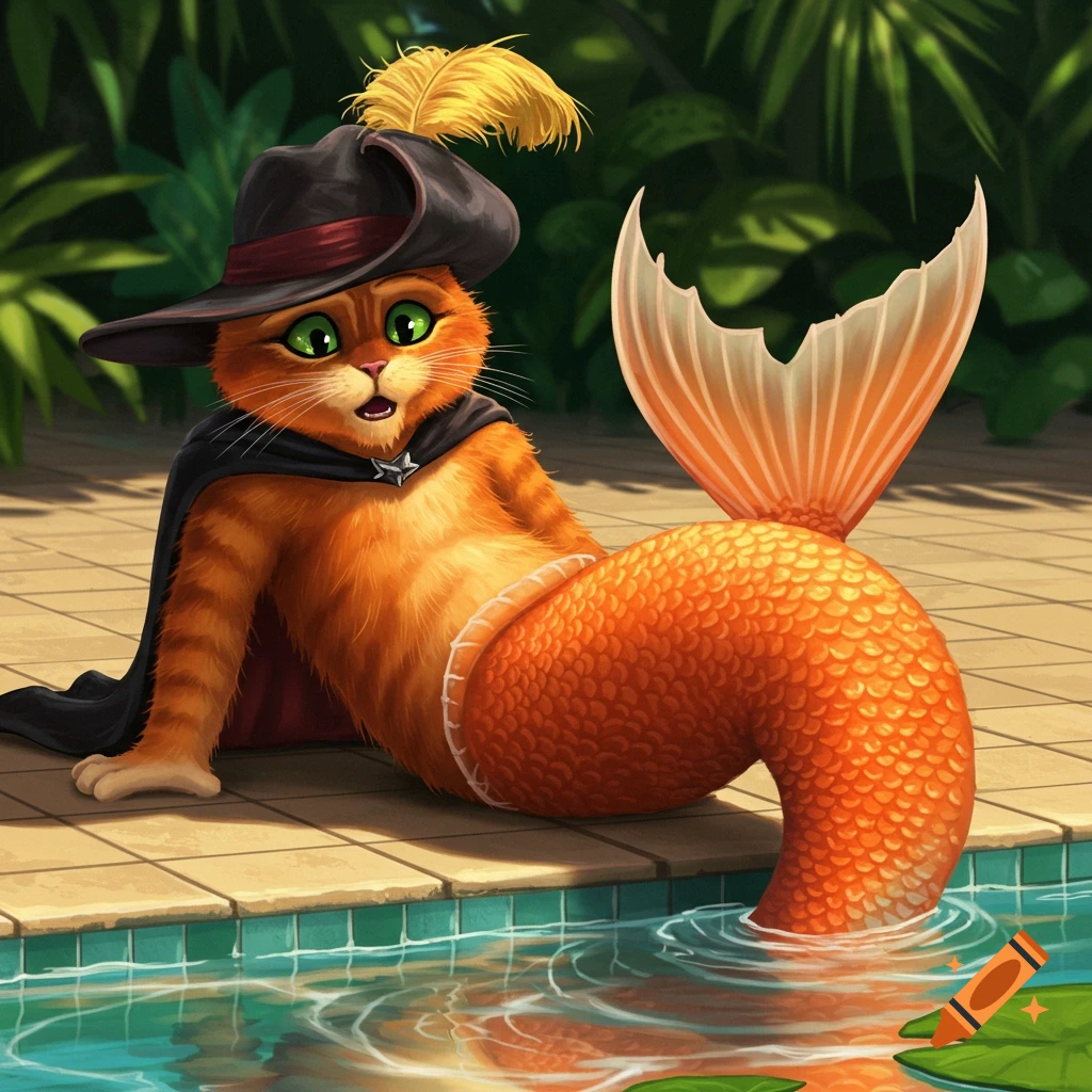 Cartoon illustration of Puss in Boots, surprised, with an orange mermaid tail, lying by a poolside.