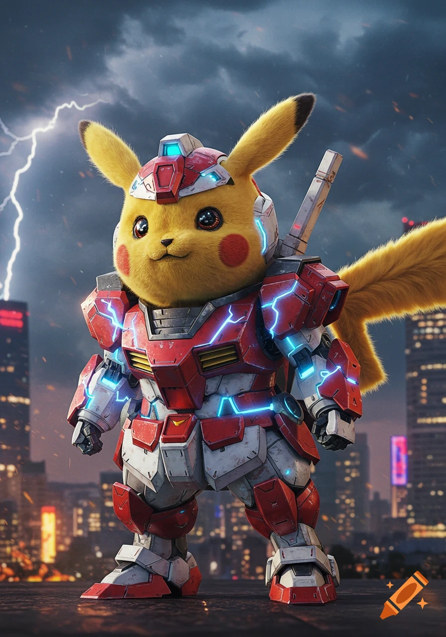 A photorealistic Pikachu in a red and white Gundam suit with blue glowing lines, standing in a city under a lightning storm.